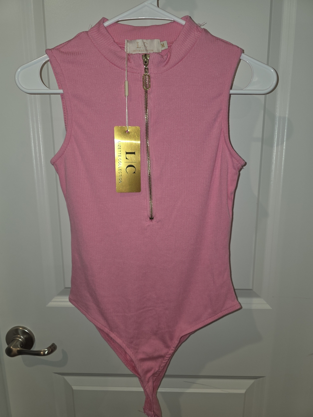 LIC Pink Ribbed Zip-Front Sleeveless Bodysuit